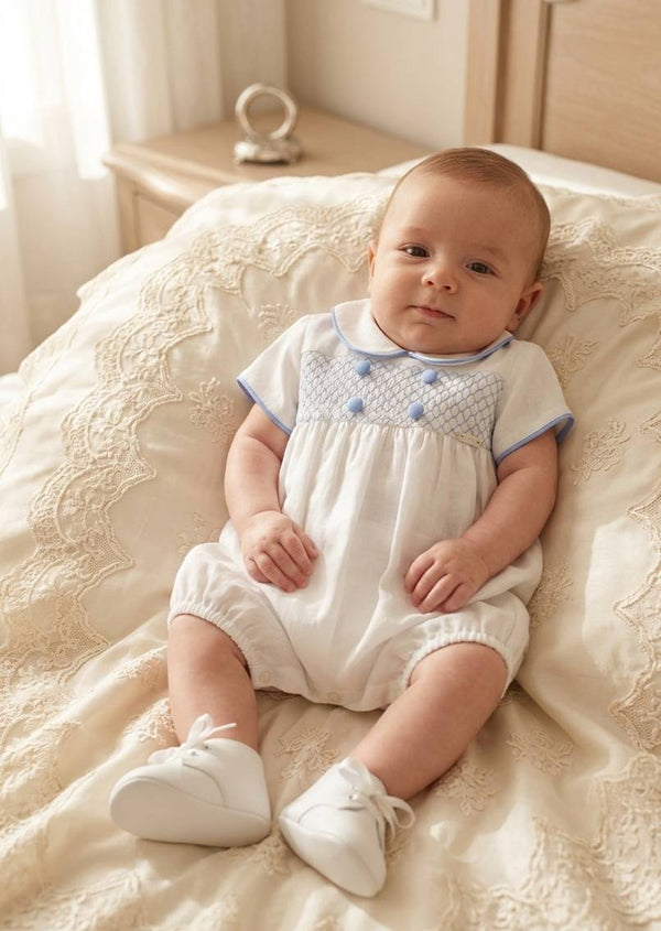 LE BEBè LBB5406 PAGLIACCETTO PUNTO SMOCK BIANCO E AZZURRO