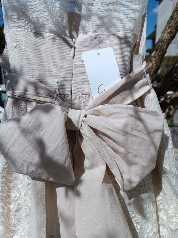 GRANLEI ABITO GIRO MANICHE ECRù BEIGE CON GONNA PIZZO