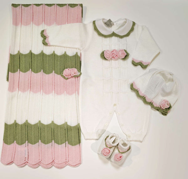 MARLù EK18 SET NASCITA TUTINA 0-3MESI +COPERTA+CAPPELLO+SCARPINA FILO VANIGLIA/ROSA PESCO/VERDE OLIVA