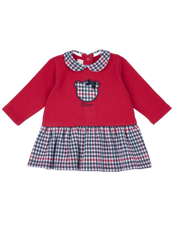 CHICCO ABITO ROSSO IN FELPA CON ORSETTO E GONNELLINA (FANTASIA PIED DE POULE)