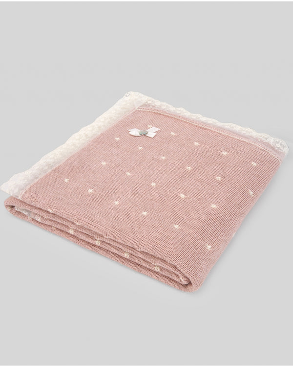 Paz Rodriguez coperta cotone/cachemire con pizzo rosa cipria
