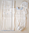 MARLù EK65 SET NASCITA TUTINA 0-3MESI +COPERTA+CAPPELLO+SCARPINA FILO BIANCO/CIELO POLVERE/NOCE