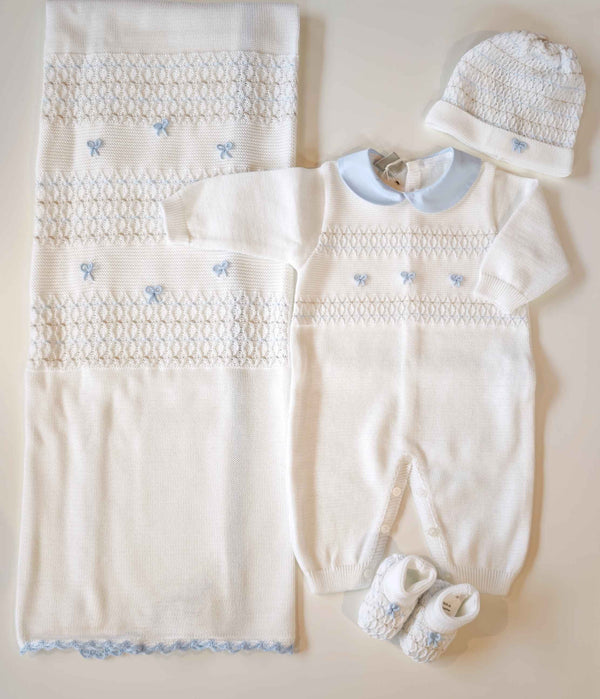 MARLù EK65 SET NASCITA TUTINA 0-3MESI +COPERTA+CAPPELLO+SCARPINA FILO BIANCO/CIELO POLVERE/NOCE
