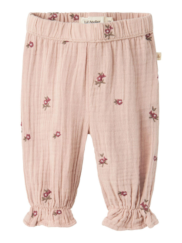 LIL ATELIER PANTALONE GARZATO RICAMATO ROSE