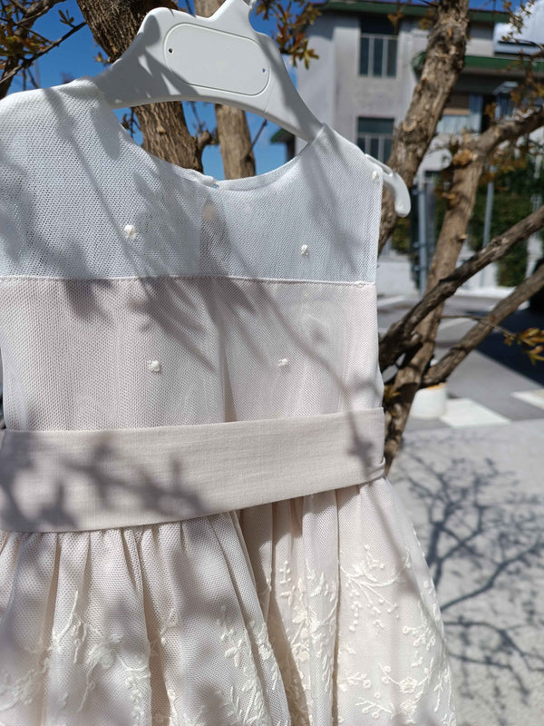 GRANLEI ABITO GIRO MANICHE ECRù BEIGE CON GONNA PIZZO