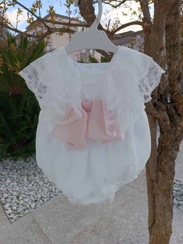 GRANLEI PAGLIACCETTO BIANCO CON TOP PIZZO E FIOCCO ROSA