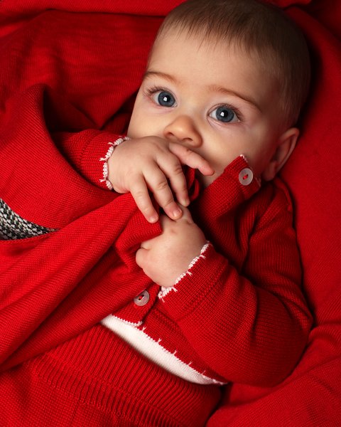 MAGLIFICIO DI VERONA GIACCHINA IN PURA LANA MERINO ROSSA CON SMERLO BIANCO