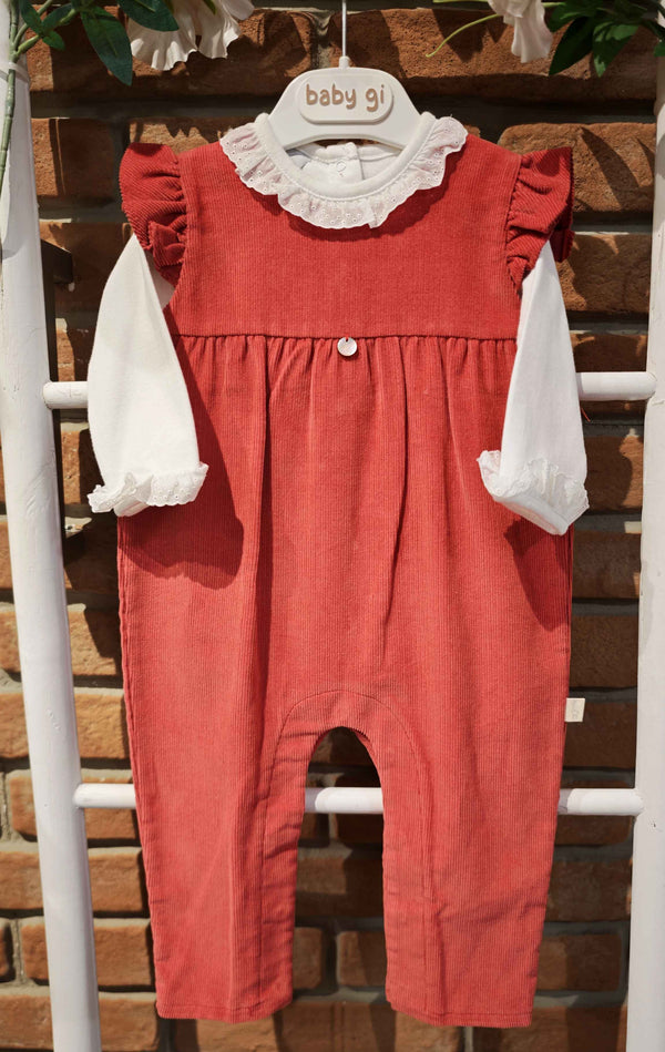 BABYGI SALOPETTE VELLUTO ROSSO CON BODY BABIDU BIANCO