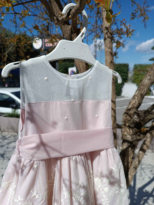 GRANLEI ABITO GIRO MANICHE ECRù ROSA PALO CON GONNA PIZZO