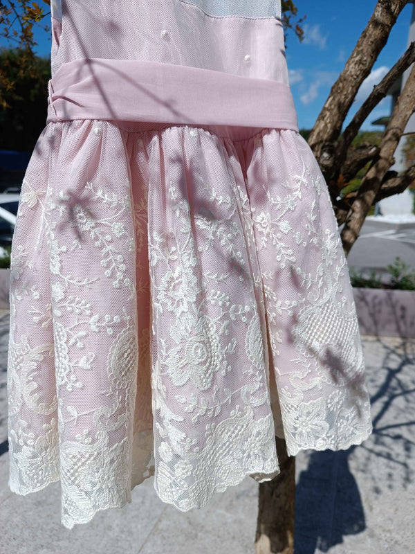 GRANLEI ABITO GIRO MANICHE ECRù ROSA PALO CON GONNA PIZZO