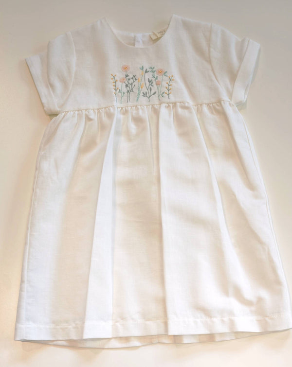 BABYGI ABITO 100% LINO BIANCO CON RICAMO FIORI LN860G