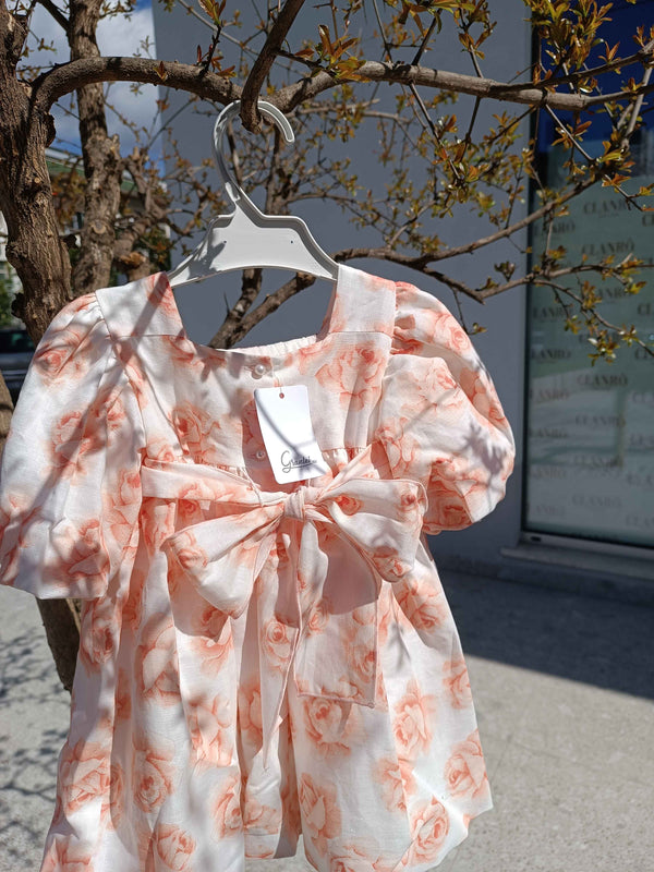 GRANLEI ABITO BIANCO MISTO LINO CON ROSE PESCA