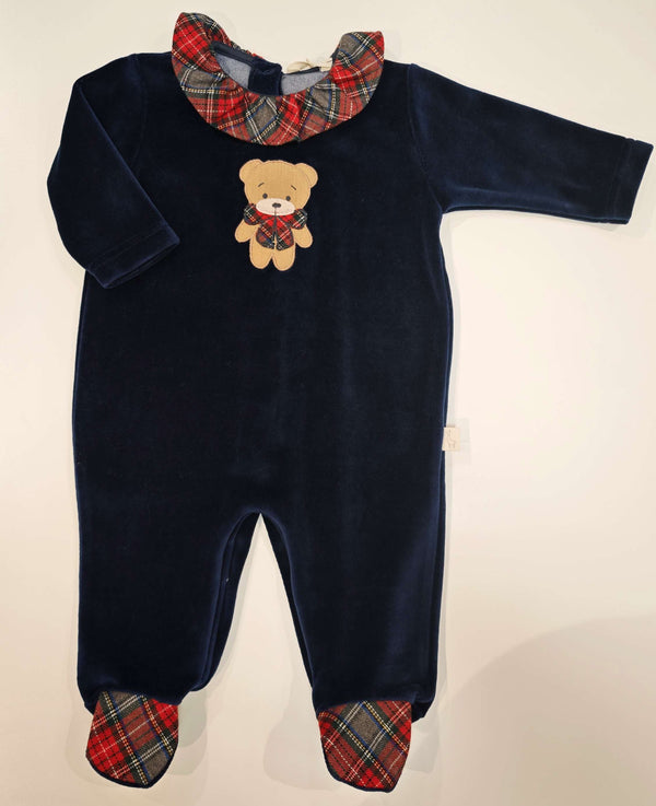 BABYGI TUTINA IN CINIGLIA BLU CON ORSETTO TARTAN E COLLO VOLANT