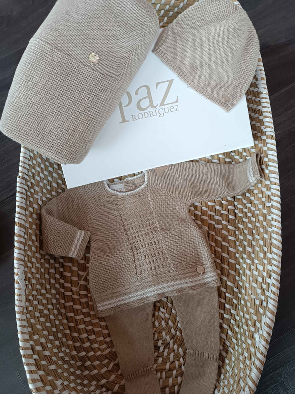 Paz Rodriguez Set Nascita cotone e cashmere coprifasce+ghettina+cappello+coperta tortora
