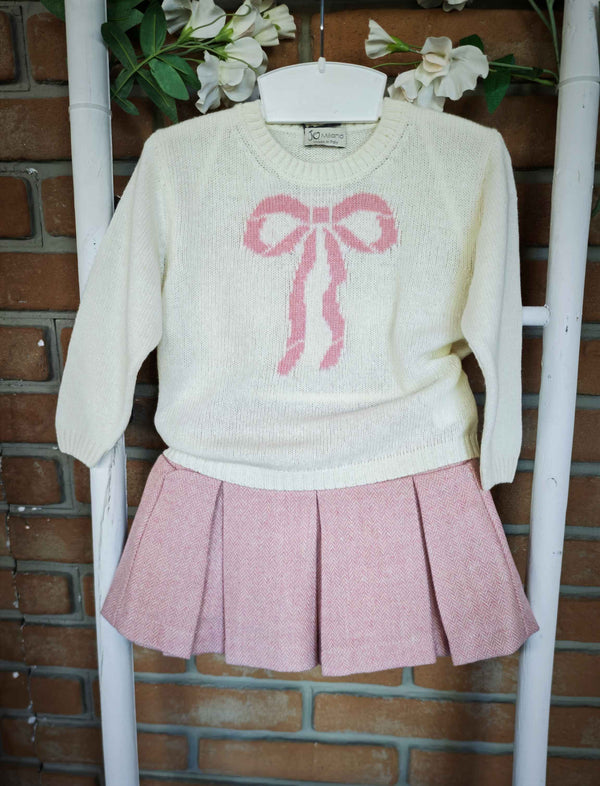 JO MILANO COMPLETO GONNA SPIGATA ROSA +MAGLIONCINO LANA PANNA CON FIOCCO ROSA