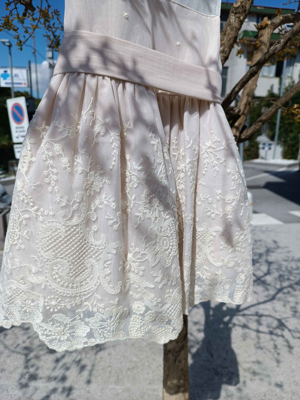 GRANLEI ABITO GIRO MANICHE ECRù BEIGE CON GONNA PIZZO