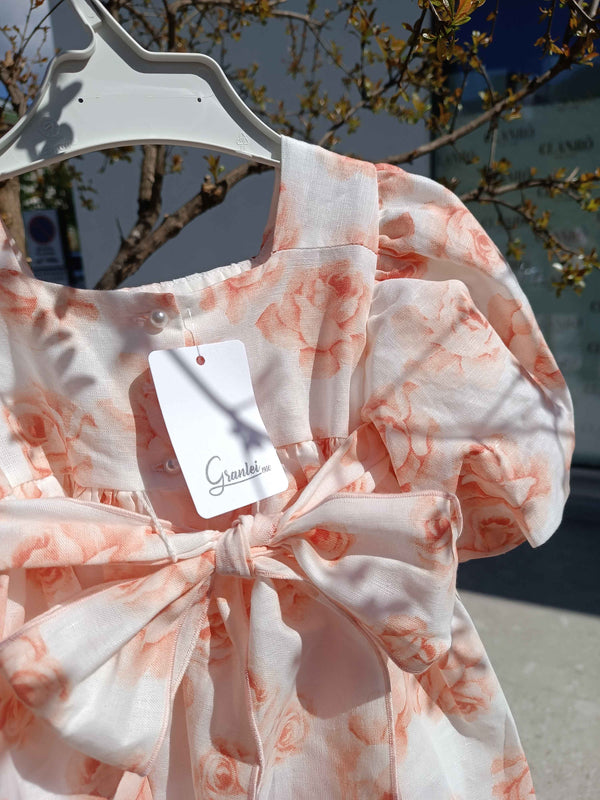 GRANLEI ABITO BIANCO MISTO LINO CON ROSE PESCA