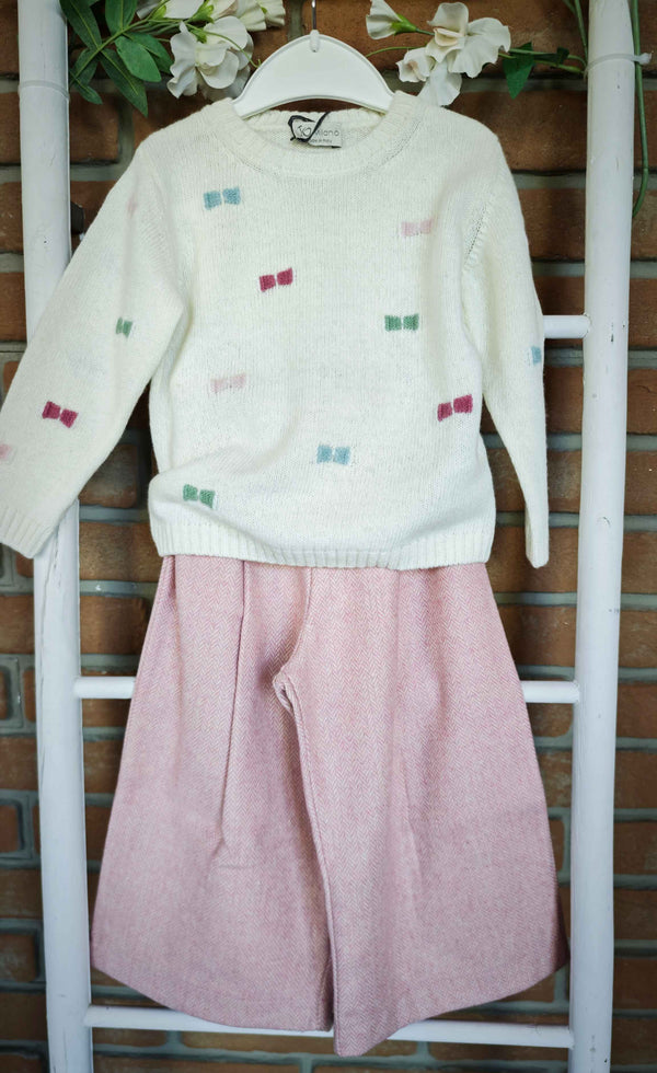 JO MILANO COMPLETO PANTALONE PALAZZO SPIGATO ROSA +MAGLIONCINO LANA PANNA CON FIOCCHETTI