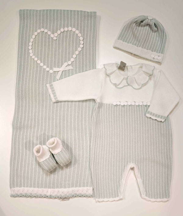 MARLù EK24 SET NASCITA TUTINA 0-3MESI +COPERTA+CAPPELLO+SCARPINA FILO BIANCO/VERDE SALVIA