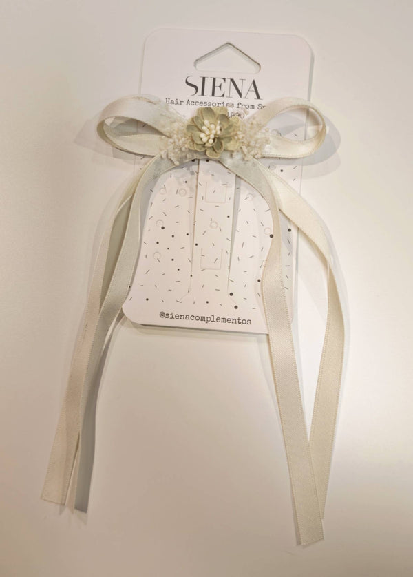 SIENA FERMAGLIO FIOCCO NASTRO E FIORI LULU PANNA 10CM