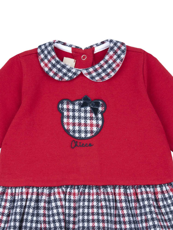 CHICCO ABITO ROSSO IN FELPA CON ORSETTO E GONNELLINA (FANTASIA PIED DE POULE)