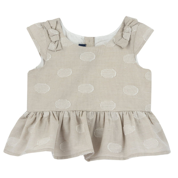 CHICCO CAMICIA GIRO MANICHE BEIGE CON VOLANT E MACRO POIS RICAMATI BIANCHI