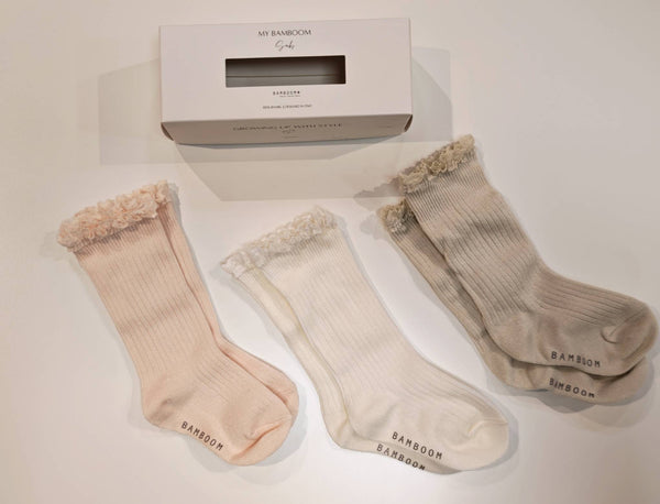 BAMBOOM 3PC in GIFT BOX Calza Bimba con Pizzo ROSA CIPRIA-PANNA-OYSTER