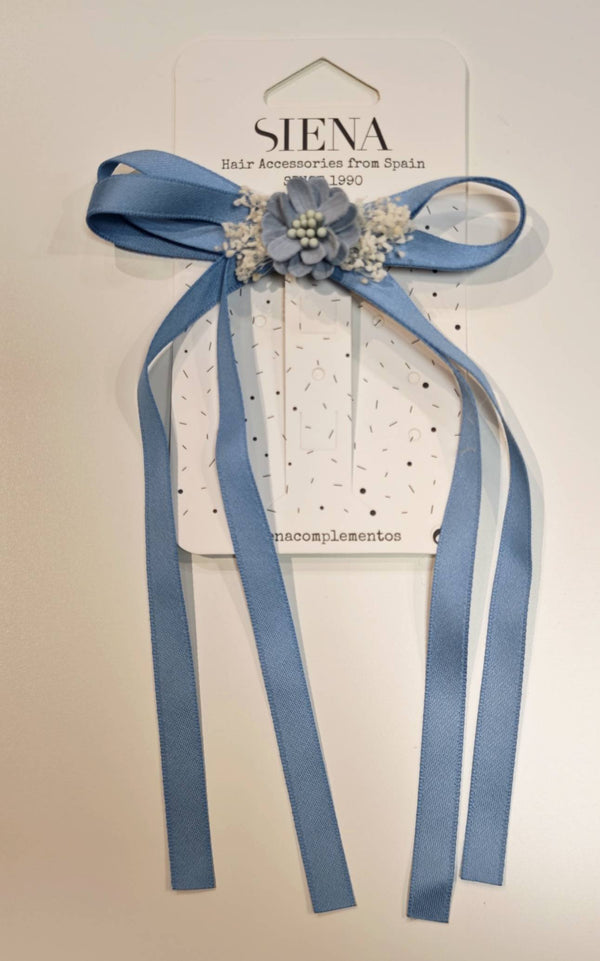 SIENA FERMAGLIO FIOCCO NASTRO E FIORI LULU AZZURRO 10CM