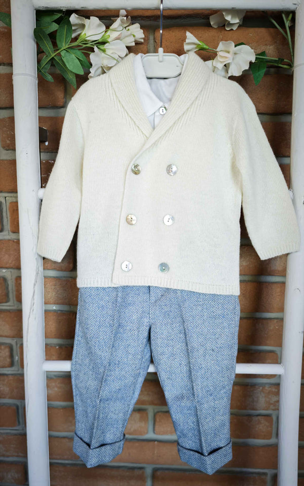 JO MILANO COMPLETO 3PZ MAGLIONCINO DOPPIO PETTO LANA PANNA+CAMICIA+PANTALONE LUNGO SPIGATO CARTA DA ZUCCHERO