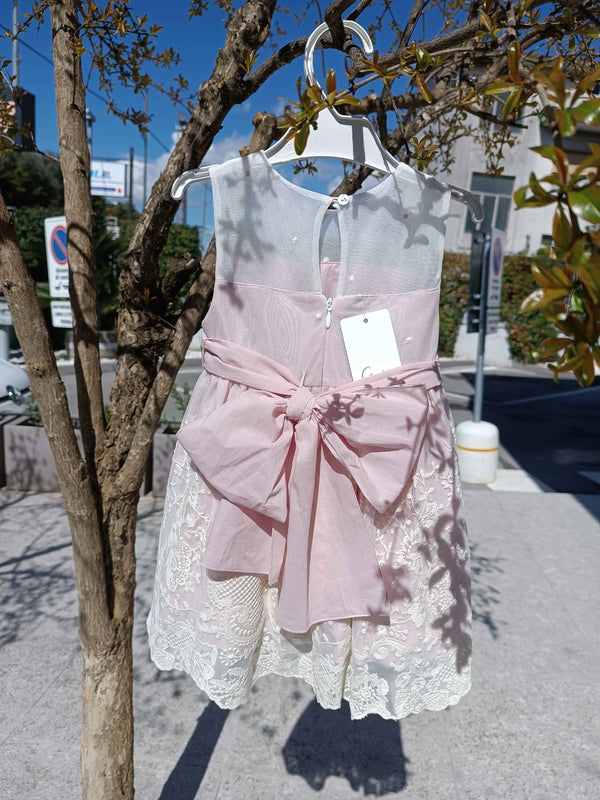 GRANLEI ABITO GIRO MANICHE ECRù ROSA PALO CON GONNA PIZZO