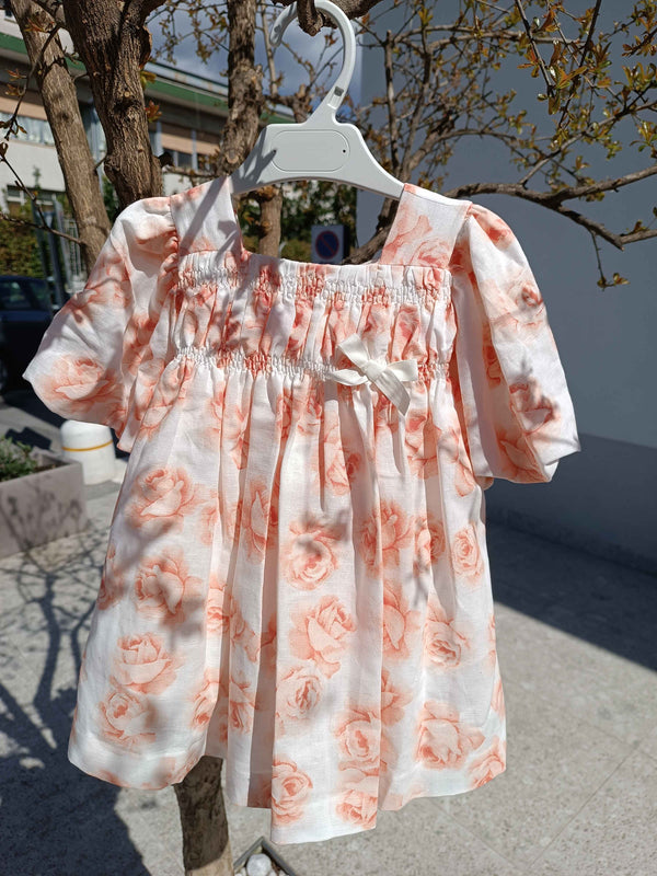 GRANLEI ABITO BIANCO MISTO LINO CON ROSE PESCA
