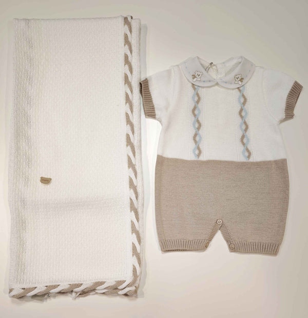 MARLù EK61 SET NASCITA PAGLIACCETTO 0-3MESI +COPERTA FILO BIANCO/NOCE/CIELO