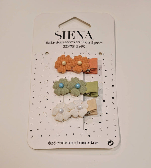 SIENA CONFEZIONE TRE MINI MOLLETTE A FORMA DI FIORE SALMONE ,SALVIA ,PANNA 4CM