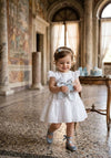 LE BEBè LBG6321 ABITO MISTO LINO BIANCO CON FIOCCO AZZURRO