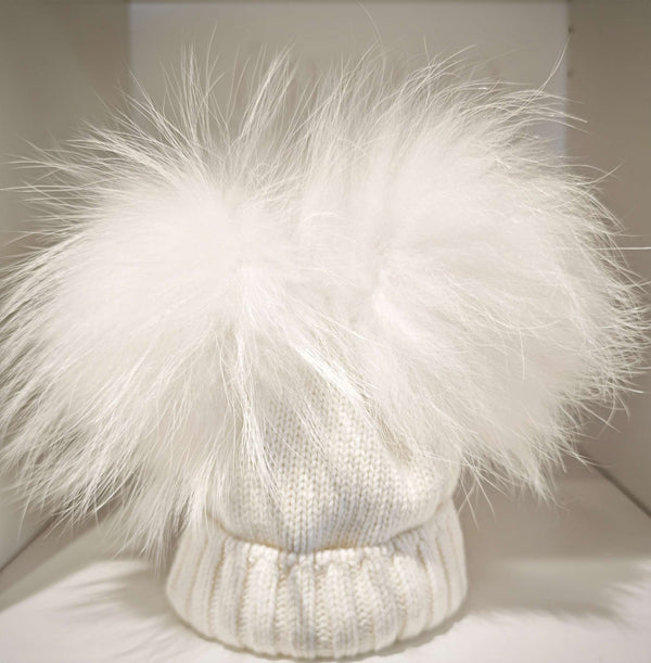 CAPPELLO LANA PANNA2 POM POM VOLPE PANNA