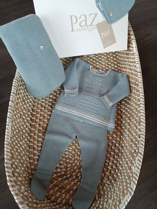 Paz Rodriguez set nascita cotone e cashmere coprifasce+ghettina+cappello+coperta azzurro polvere
