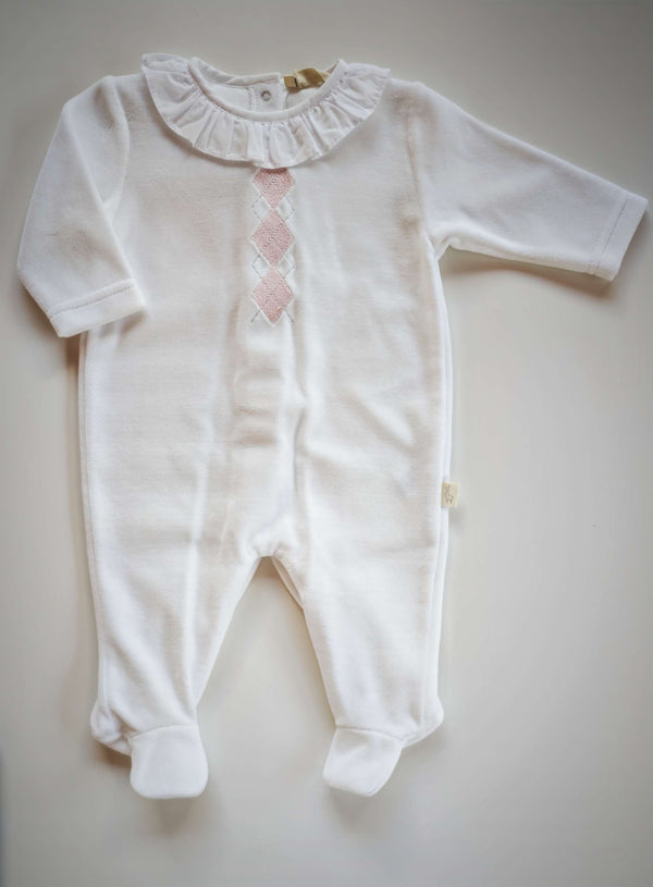 BABYGI TUTINA CINIGLIA BIANCA CON COLLO VOLANT E ROMBETTI ROSA