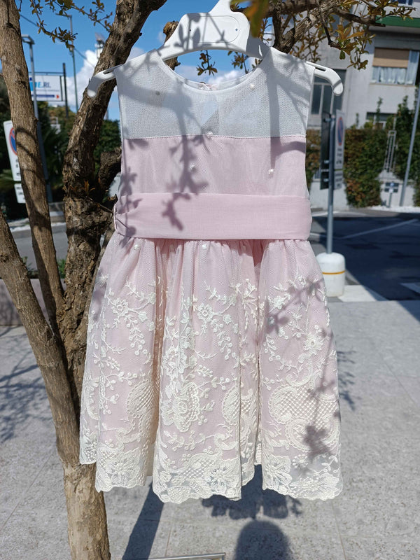 GRANLEI ABITO GIRO MANICHE ECRù ROSA PALO CON GONNA PIZZO