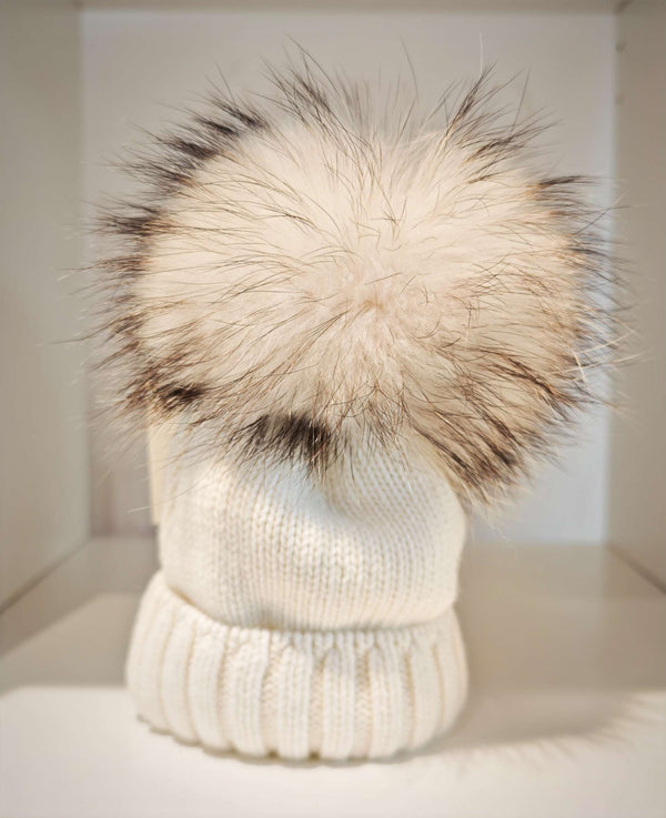 CAPPELLO LANA PANNA POM POM VOLPE BEIGE