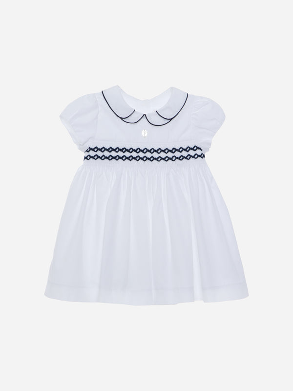 PATACHOU ABITO BIANCO CON PUNTO SMOCK E RICAMI BLU