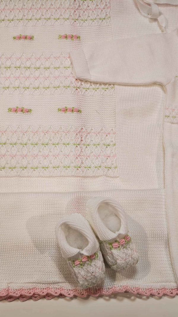 MARLù EK13 SET NASCITA TUTINA 0-3MESI +COPERTA+CAPPELLO+SCARPINA FILO BIANCO/ROSA PESCO/LIME