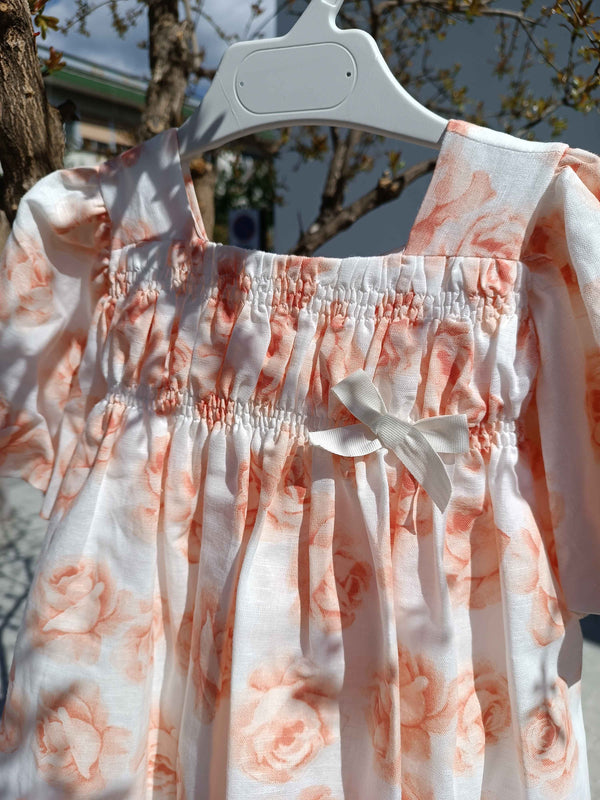 GRANLEI ABITO BIANCO MISTO LINO CON ROSE PESCA