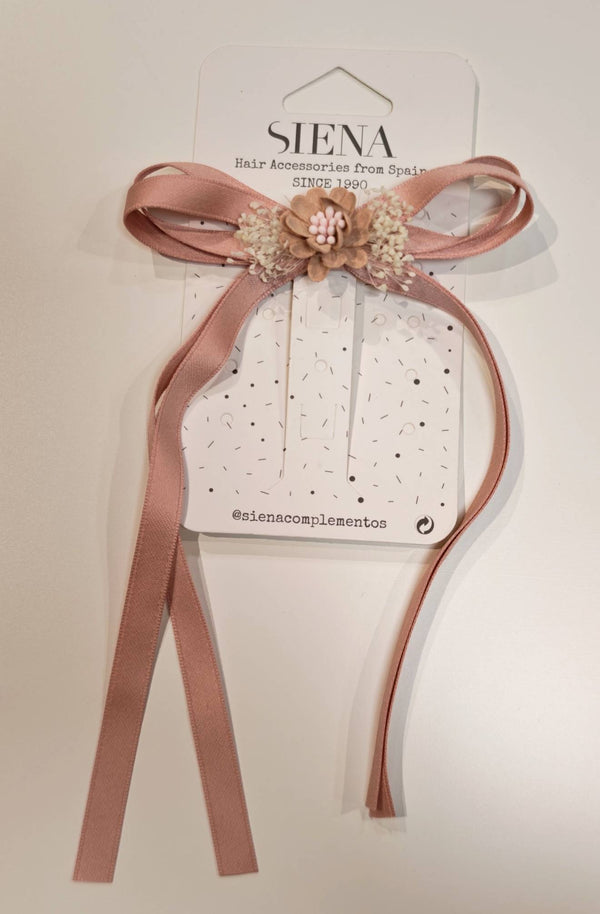 SIENA FERMAGLIO FIOCCO NASTRO E FIORI LULU ROSA ANTICO 10CM