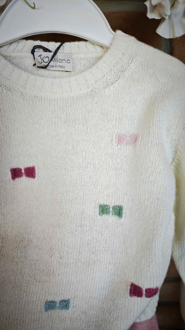 JO MILANO COMPLETO PANTALONE PALAZZO SPIGATO ROSA +MAGLIONCINO LANA PANNA CON FIOCCHETTI