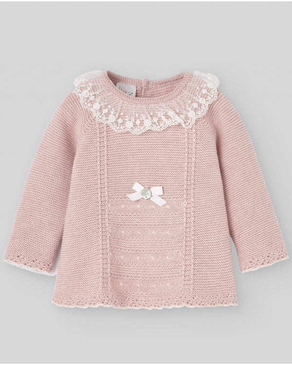 PAZ RODRIGUEZ COMPLETO COTONE/CASHMERE COLLO PIZZO ROSA CIPRIA