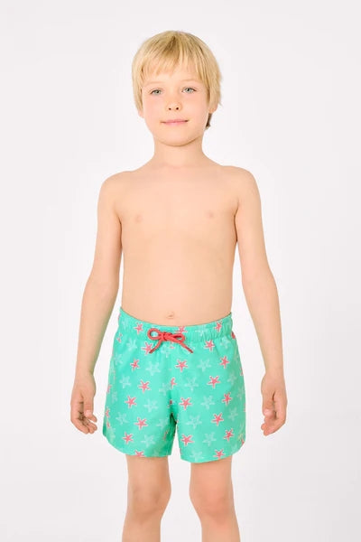 YSABEL MORA Costume da bagno corto da bambino con stampa a stelle marine turchesi 93080