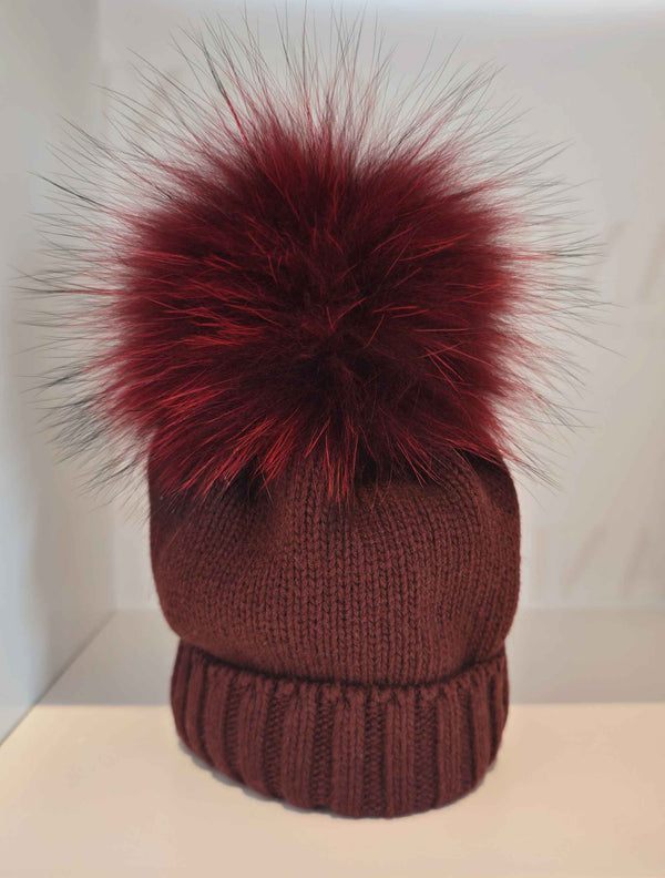 CAPPELLO LANA BORDEAUX POM POM VOLPE BORDEAUX PUNTE NERE