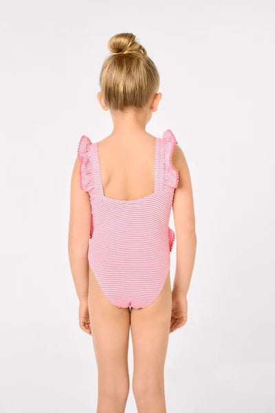 YSABEL MORA COSTUME Costume da bagno da bambina con stampa a righe arricciate 95136