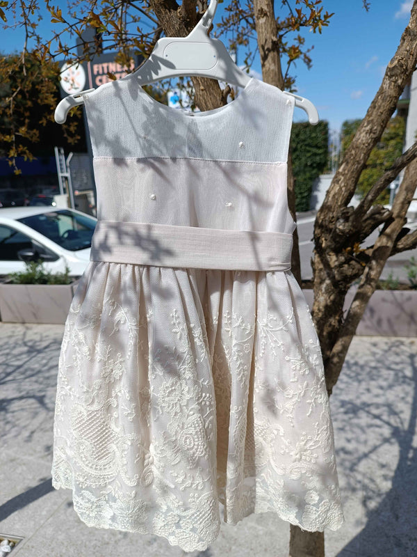 GRANLEI ABITO GIRO MANICHE ECRù BEIGE CON GONNA PIZZO