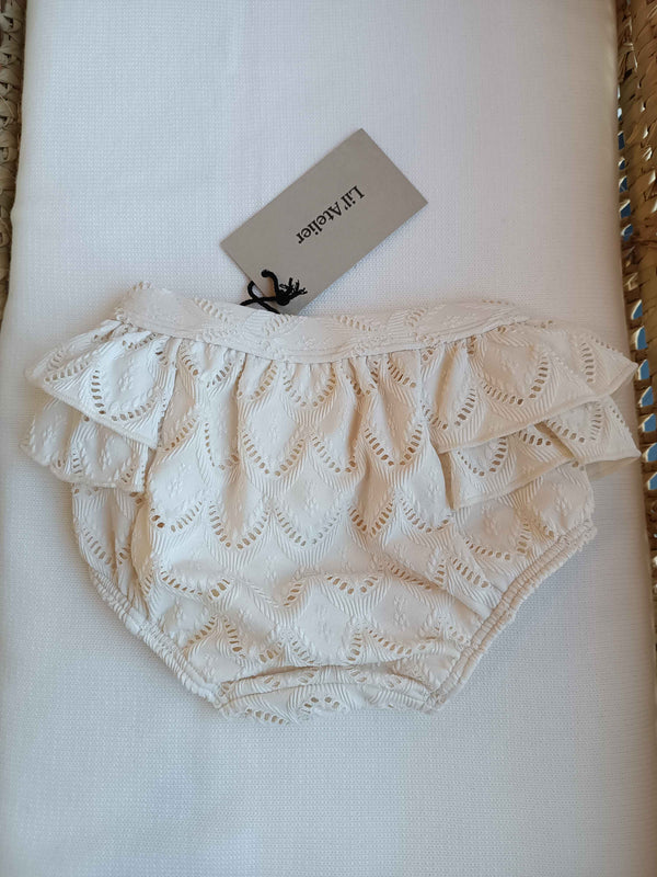 LIL ATELIER COSTUME CULOTTE PANNA CON RICAMO E ROUCHES